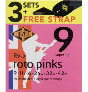 Rotosound R9 Roto Pinks Super Light 9-42w Electric Guitar String - 3 Sets Including Strap