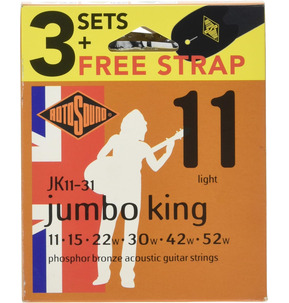 Rotosound JK11 Jumbo King Light 11-52w Acoustic Guitar String - 3 Set Including Strap